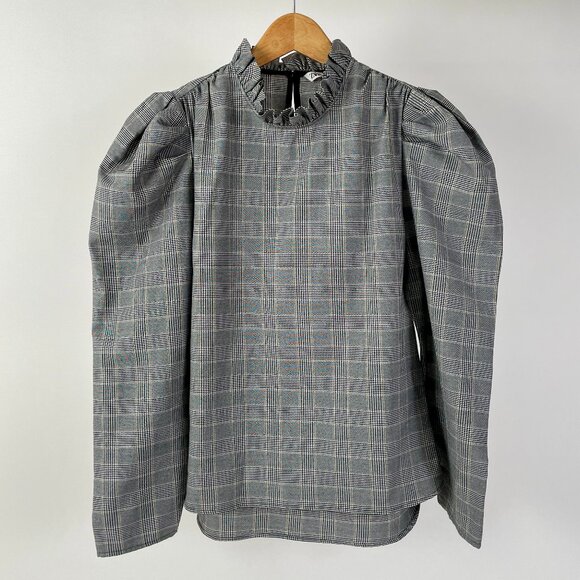 Zara Black/White Glen Check Long Sleeve Top Ruffled Collar Puff Sleeves, Size XS - Picture 2 of 8